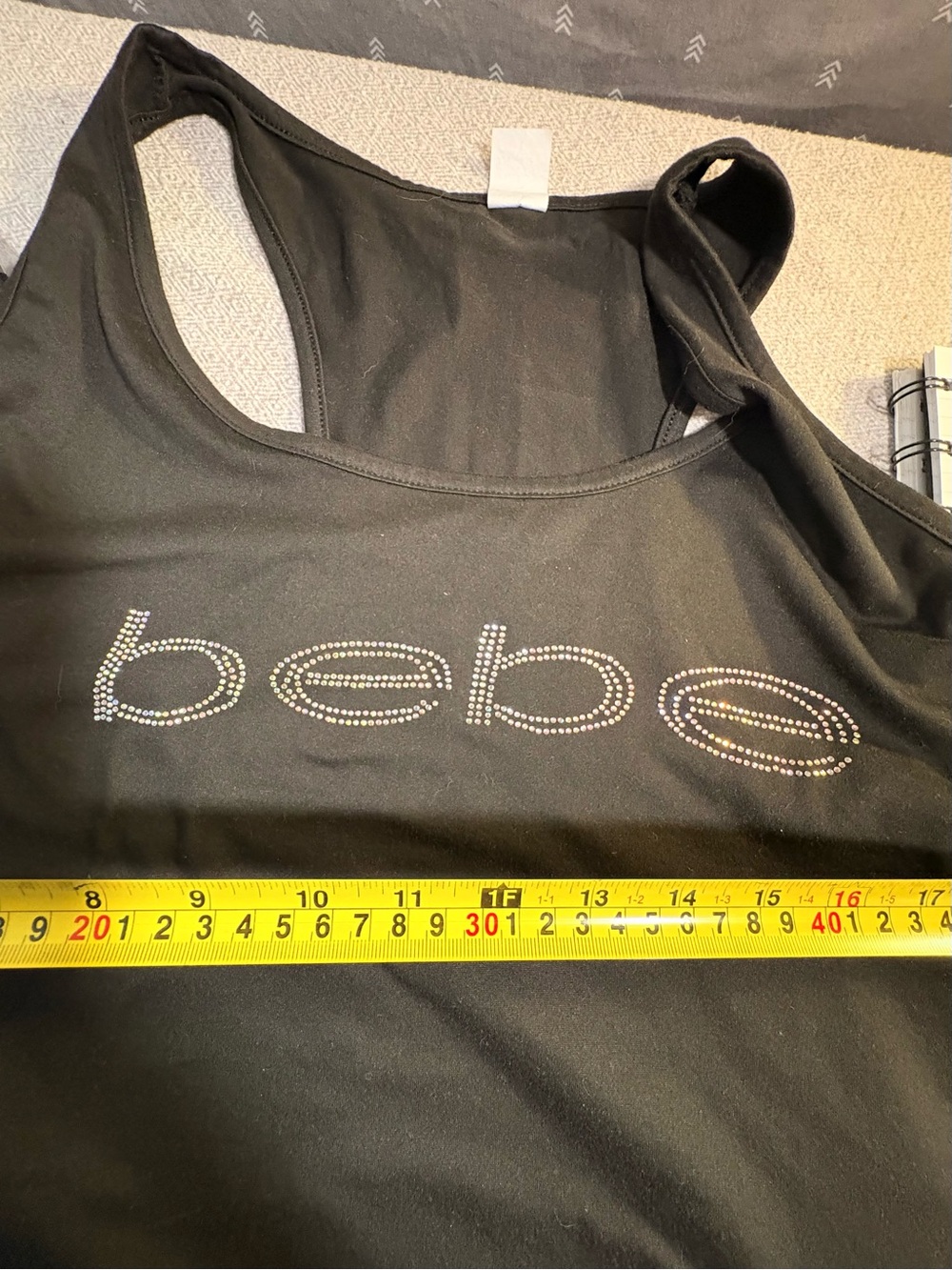 Women 3X Bebe Black Racerback Tank with Iridescent Rhinestone Logo